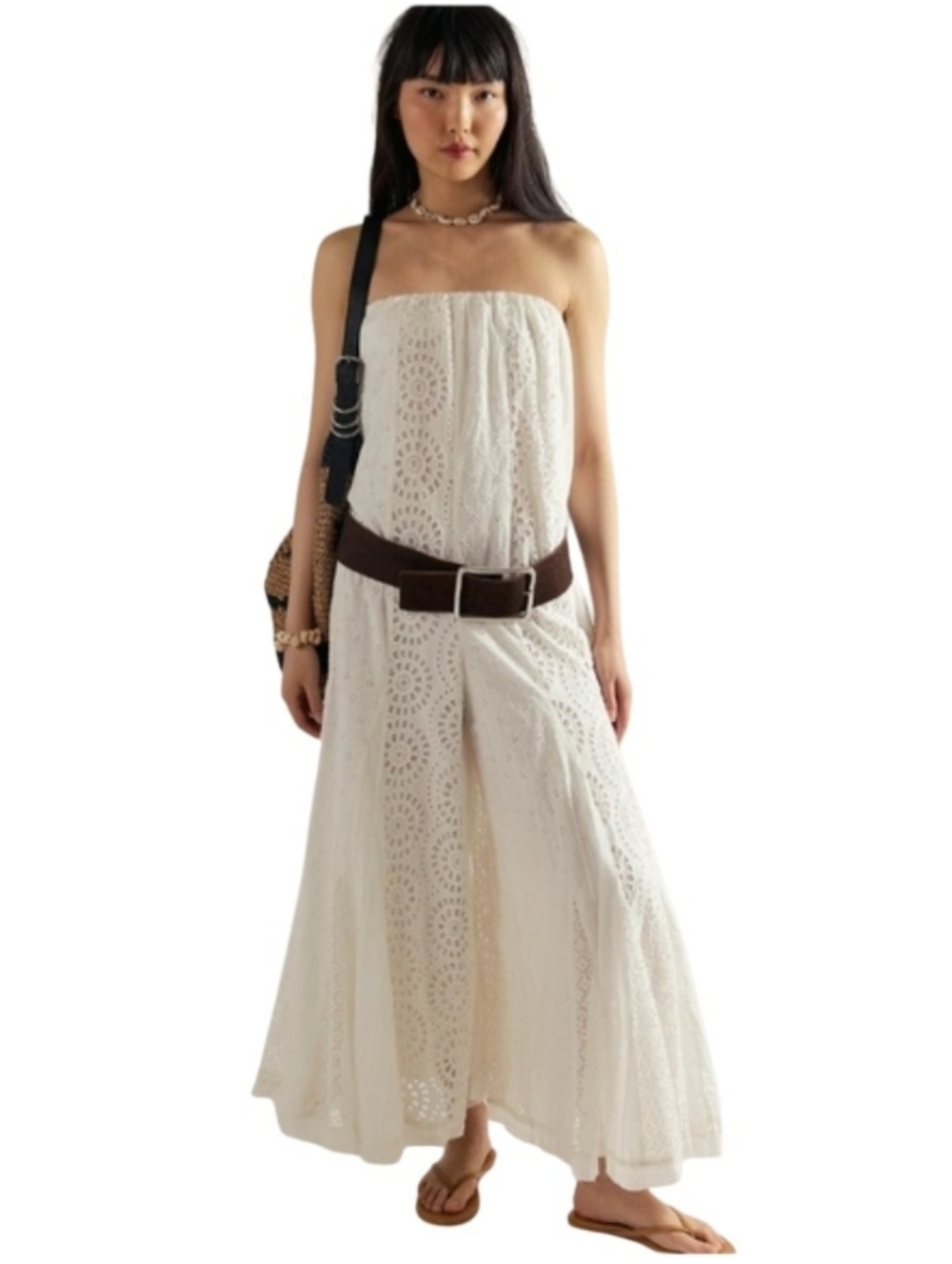 FREE PEOPLE $228 Midnight Cruiser Strapless Eyelet Wide Leg Lined Jumpsuit